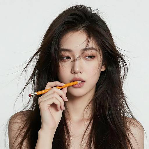 Photograph of an Asian woman with long, disheveled black hair, pale skin, and neutral expression, holding an orange pencil to her slightly parted