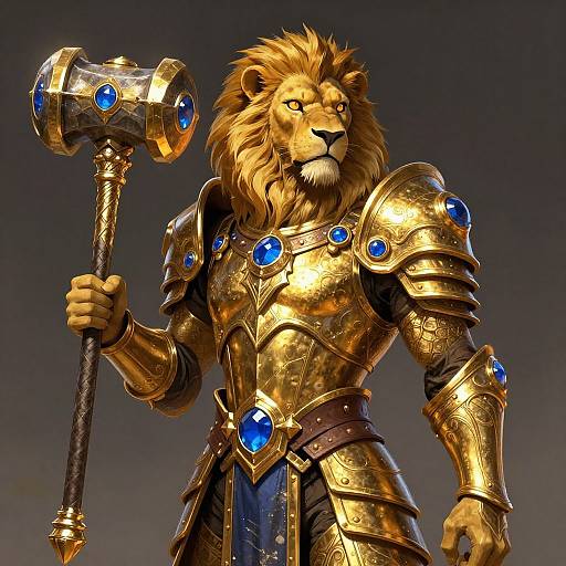 Digital artwork of a muscular, anthropomorphic lion warrior in golden armor with blue gemstones, holding a massive, ornate hammer. Dark background. Reg