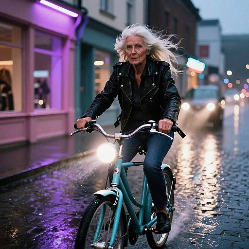 Elderly Woman on Vintage Neon Bike