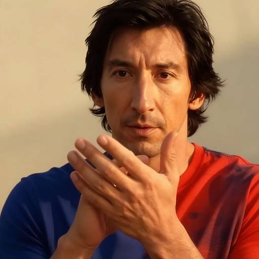 Photograph of a middle-aged man with medium-length black hair, wearing a red and blue shirt, gesturing with his hands. Warm, softly lit