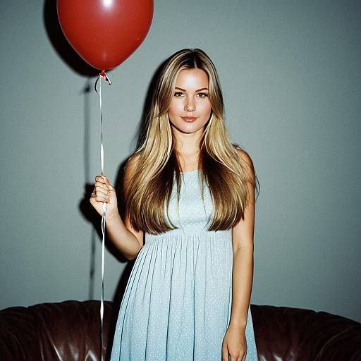 Blonde Woman Holding Red Balloon in Casual Dress