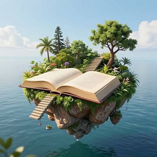 Digital illustration: Open book floating on a lush, tree-covered island with a stairway, surrounded by calm ocean under a clear blue sky.