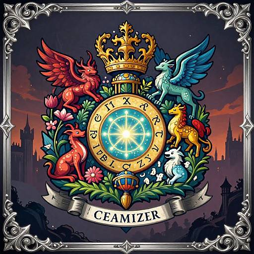 Digital illustration of a colorful, ornate coat of arms featuring a central blue clock, four winged lions (red, blue, yellow, white),