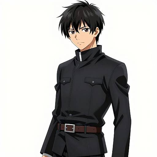Anime-style digital drawing of a serious, black-haired, blue-eyed young man in a black military-style uniform with a brown belt.