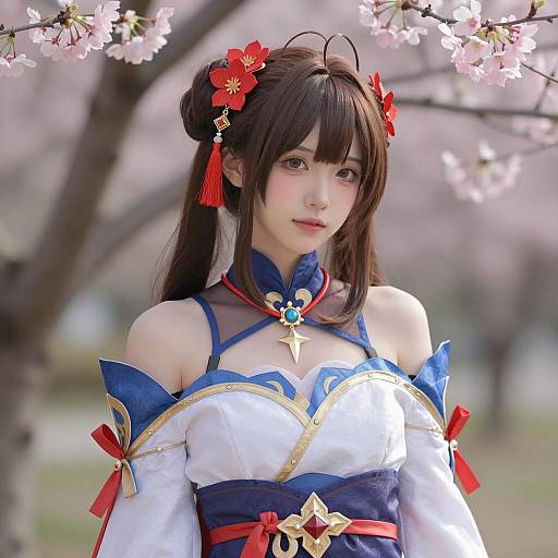 Asian Woman in Blue Tengen Cosplay with Cherry Blossoms