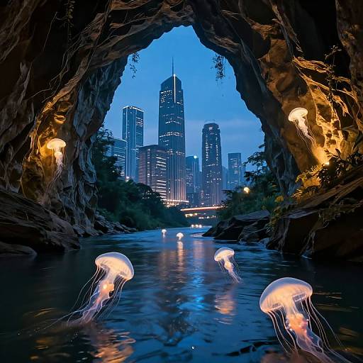Photograph of bioluminescent jellyfish in a rocky cave at night, with a city skyline illuminated in the background.