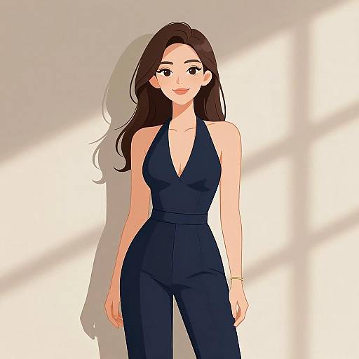 Digital illustration of a smiling woman with long brown hair, wearing a deep navy halter jumpsuit, standing in bright sunlight.