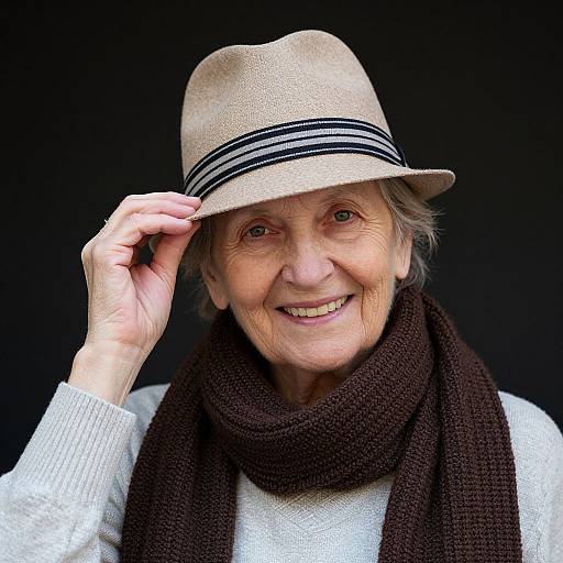 Elderly Woman Adjusting Fedora Hat