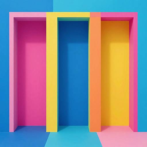 Photograph of three brightly colored door frames in pink, yellow, and orange, centered against a blue background.