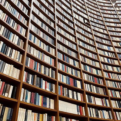 Photograph of a large, curved, wooden bookshelf filled with colorful books, viewed from a low angle, showcasing the library's expansive, geometric architecture