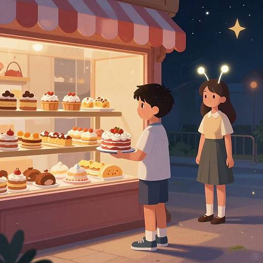 Digital anime-style illustration of a nighttime scene featuring two children, one boy and one girl, standing in front of a brightly lit, colorful bakery display case