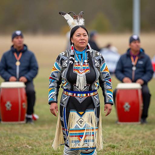 Photograph of a Native American woman in colorful, detailed traditional dress with feathered headdress, standing in grassy field, two men with drums in