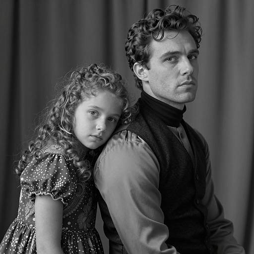 Black and White Portrait of Man and Girl with Curly Hair