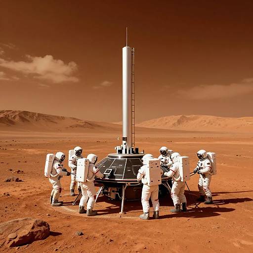 Photograph of six astronauts in white space suits, standing around a tall antenna on a red, sandy, desert-like planet with distant dunes under a