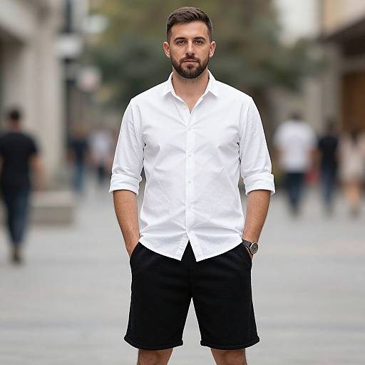 Photograph of a bearded man with short brown hair, wearing a white button-up shirt and black shorts, standing confidently on a blurred urban street with