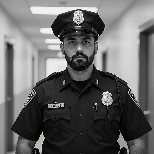Serious Male Police Officer in Hallway