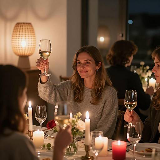 Woman Toasting with White Wine at Candlelit Dinner