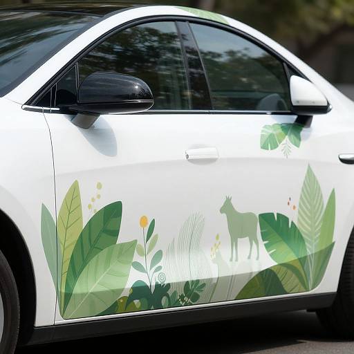 Photograph of a white car featuring a nature-themed wrap with green leaves, ferns, and a silhouette of a deer and flowers on the side.