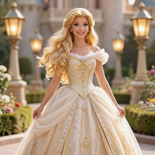 Digital illustration of a blonde, smiling doll in an off-shoulder, gold-embellished ball gown, standing in a sunny, ornate