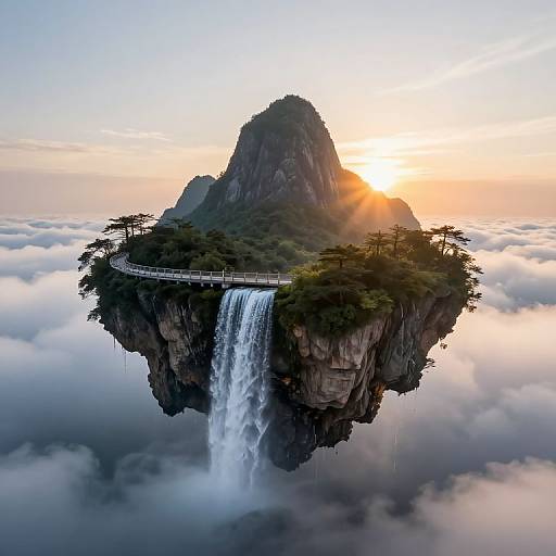 Photograph of a floating island with a waterfall, surrounded by clouds, and a road circling the top, at sunset.