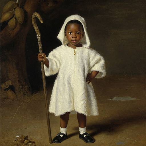 Photograph of a young African girl standing confidently in a dimly lit room, wearing a white, fuzzy hooded dress, white socks, and black
