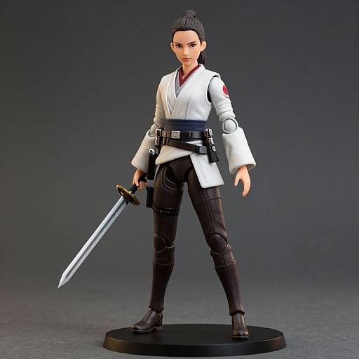 Photorealistic 3D figurine of a male martial artist with black hair, white gi, black pants, holding a sword, standing on a