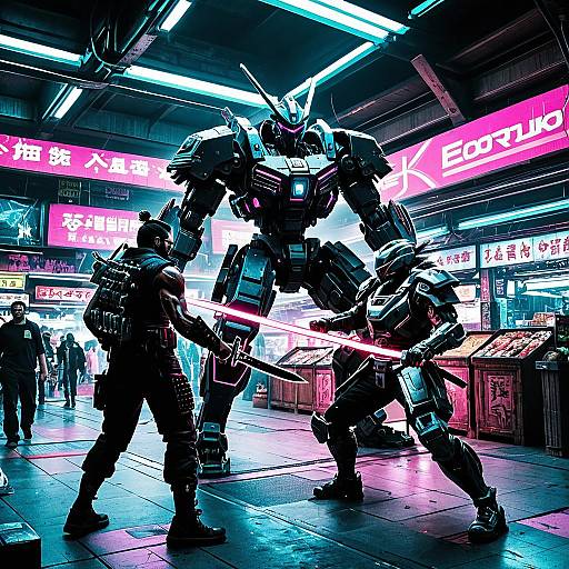 Cybernetic Samurai Duel in Neon Underground Market