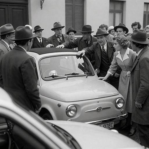 Vintage Crowd Around a Car with Dog