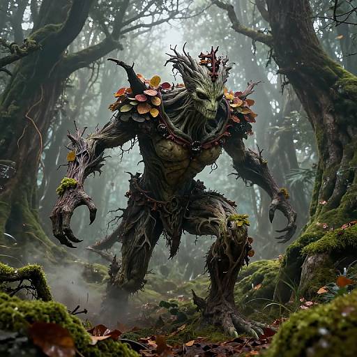 Digital fantasy artwork of a terrifying, tree-like creature with green, leafy armor, sharp claws, and a menacing face, standing in a foggy