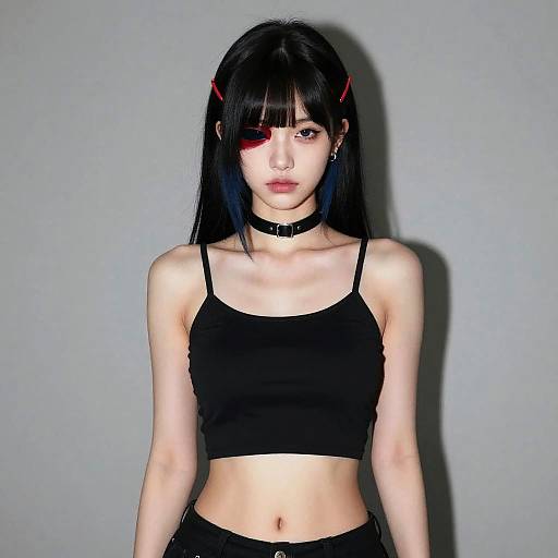 Photograph of an Asian woman with pale skin, black straight hair, red hairpins, black crop top, black choker, and black pants,