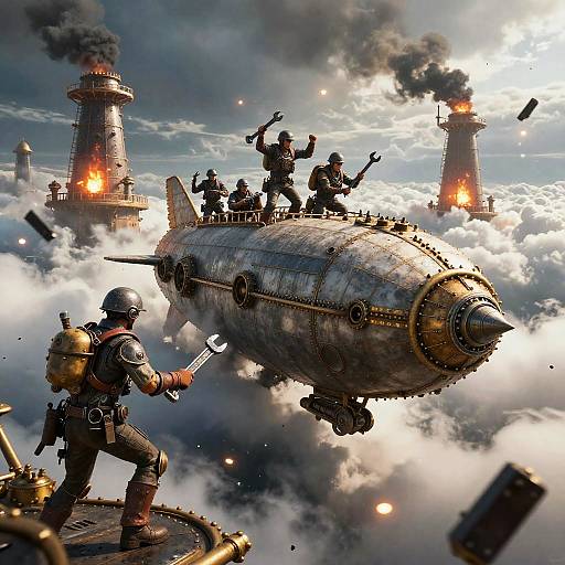 Digital art of soldiers in WWII gear fighting on a floating, armored torpedo amid burning warships and cloudy sky. Dynamic, action-packed scene.