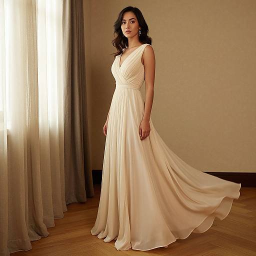 Photograph of a young woman with wavy dark hair, wearing a flowing, sleeveless, ivory wedding gown, standing in a softly lit room with