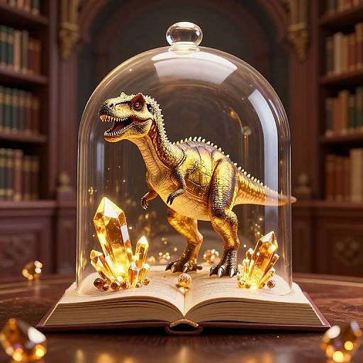 Photograph of a golden, detailed dinosaur figurine with spikes, under a glass dome, surrounded by glowing crystals, on an open book, in a