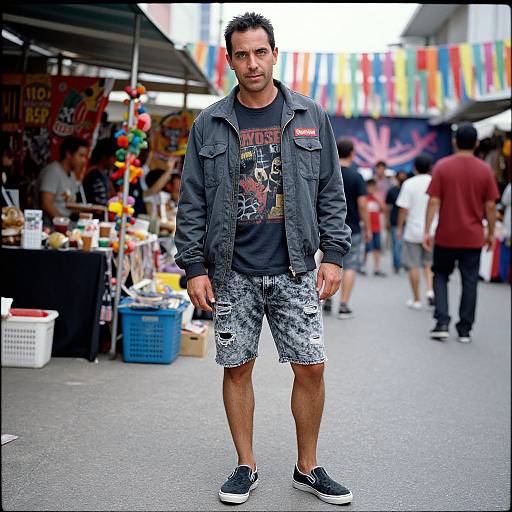 Photograph of a tall, muscular man with short dark hair, wearing a black graphic tee, denim jacket, camouflage shorts, and black sneakers, standing