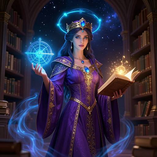 Mystical Female Sorcerer in Grand Library