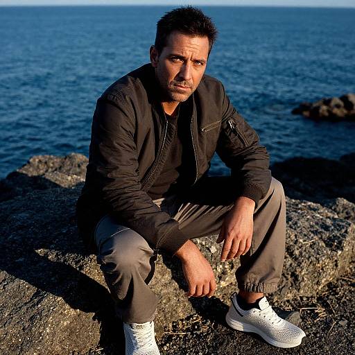 Photograph of a rugged, dark-haired man in a black jacket and gray pants, sitting on rocky shoreline, blue ocean background, white sneakers, intense