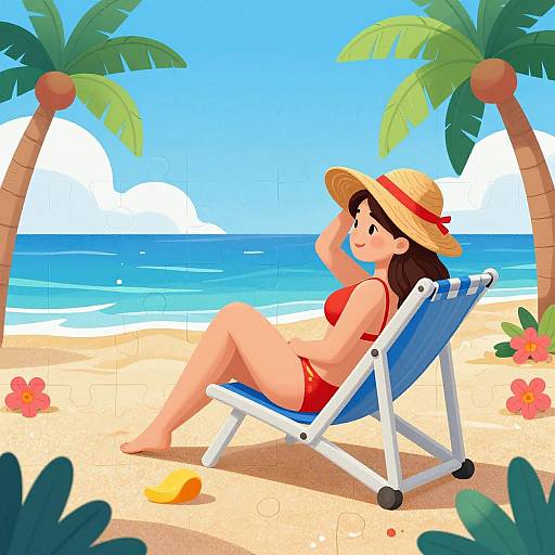 Digital illustration of a brown-haired woman in a red bikini and straw hat, lounging on a blue beach chair under palm trees, with a bright blue