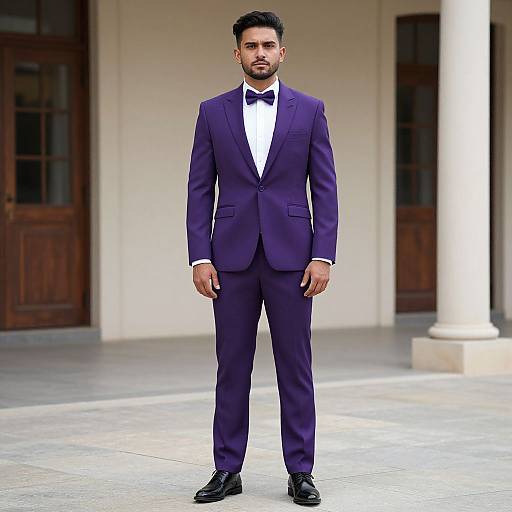 Photograph of a bearded man with dark hair, wearing a navy blue suit, white shirt, black bow tie, and black shoes, standing in