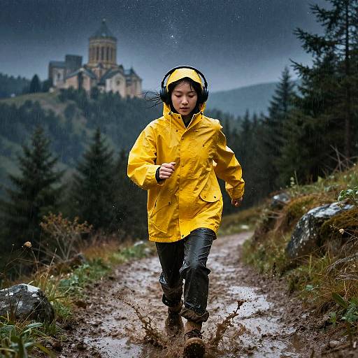 Rain-Splashed Jogger in Yellow Raincoat