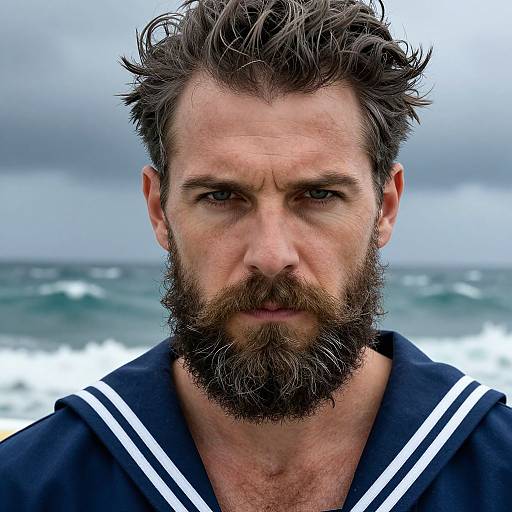 Close-up photograph of a rugged, bearded man with messy dark hair, wearing a navy sailor shirt, standing on a cloudy beach with waves in the