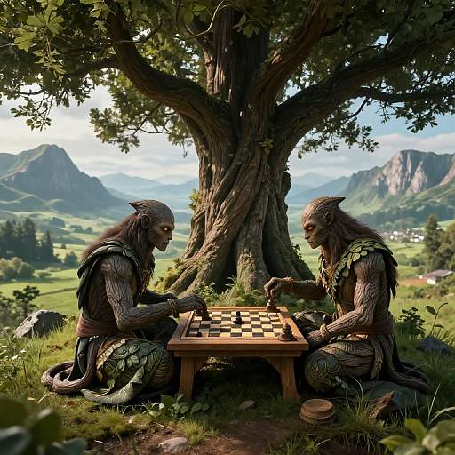 Digital artwork of two wolf-like humanoid warriors with dark fur and armor, playing chess under a large tree with a mountainous landscape in the background.