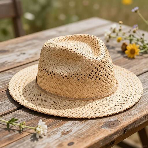 Photograph of a woven straw hat on a weathered wooden table, surrounded by small flowers and greenery, bathed in sunlight.