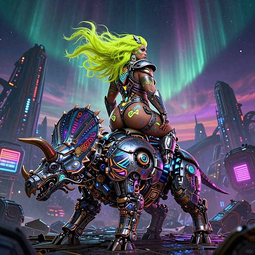 Digital art of a neon-lit cyberpunk scene: a woman with bright yellow hair and cybernetic armor rides a glowing, robotic rhino.