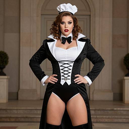 Photograph of a curvy, brunette woman in a sexy black and white French maid outfit with a lace-up front, revealing her thighs. She stands