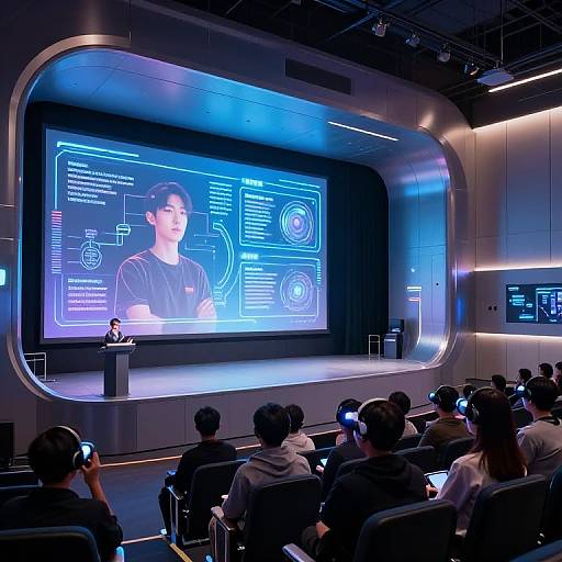 Photograph of a modern conference room with a large, oval-shaped screen displaying a young man speaking, surrounded by seated attendees with laptops.