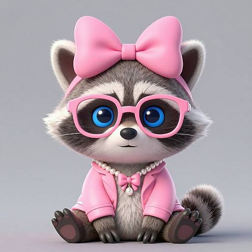 Cute CGI raccoon with big blue eyes, wearing pink glasses, bow, and jacket, and a pearl necklace, sitting against a light blue gradient