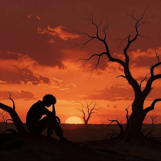 Silhouetted figure of a person sitting among barren trees against a vibrant red and orange sunset sky, creating a dramatic, melancholic scene.
