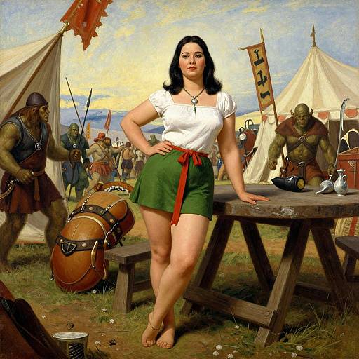 Digital painting of a curvy, fair-skinned woman with black hair, white top, green skirt, standing confidently among muscular, armored warriors in a