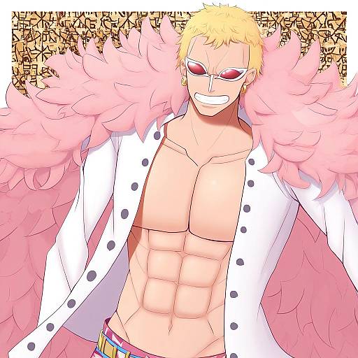Illustration of Donquixote doflamingo, one piece in the style of Teoi (good chaos)