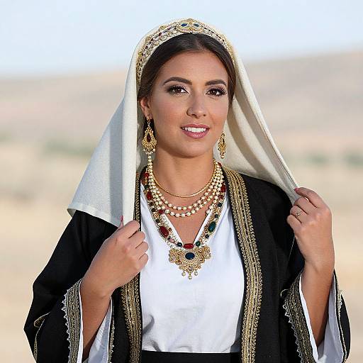 Photograph of a smiling woman with tan skin, dark brown hair, wearing a black and white traditional dress, ornate gold headpiece, necklace,